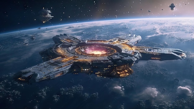 A massive spaceship on the galaxy Cinematic movie Cinematic Still intense space battle between