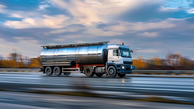 A massive tanker truck laden with fuel barrels rumbles down a bustling highway embodying strength and power on its journey to deliver petroleum products