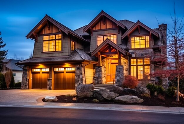 Massive timber beams columns beautiful forest mountains on background clear summer evening with co