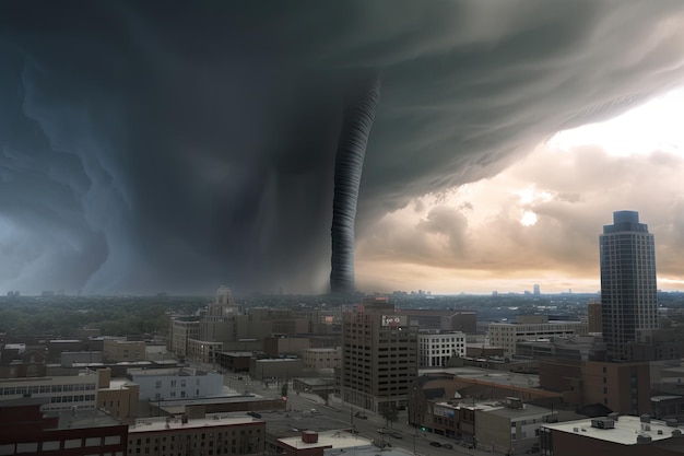 A massive tornado ravaging through a city leaving destruction and chaos in its wake