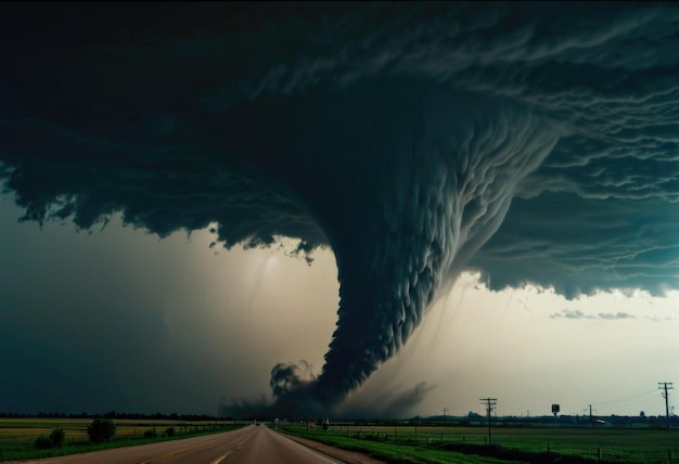 Un enorme tornado che gira minacciosamente attraverso il paesaggio causando il caos sul suo percorso