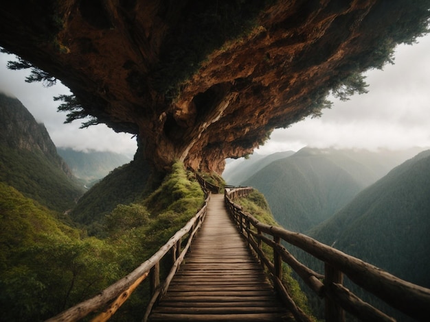 A massive tree trunk acting as a bridge between two mountains