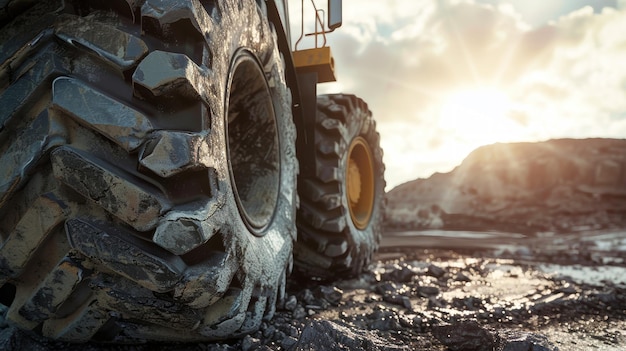 A massive truck kicking up dust and gravel rumbles down a rugged dirt road on a mission through the construction site