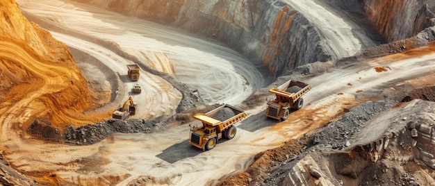 Photo massive trucks navigate an openpit mine illustrating the scale and impact of industrial excavation on the landscape