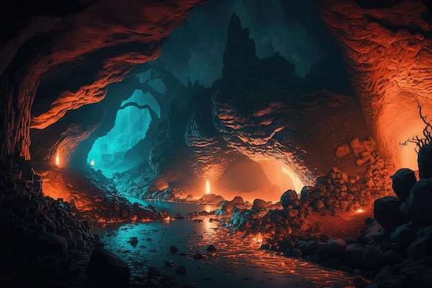 Massive underground cave with lava river landscape illustration generative ai