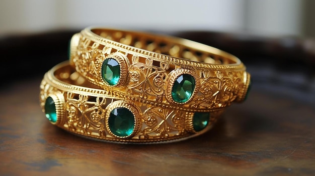 massive vintage gold bracelets statement gold and emerald green jewelry