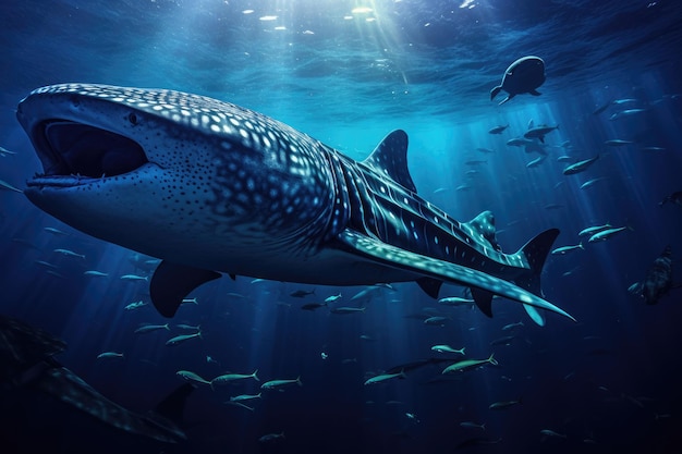 A massive whale gracefully swims through the expansive blue waters Whale shark and a school of sharks in the deep blue ocean AI Generated