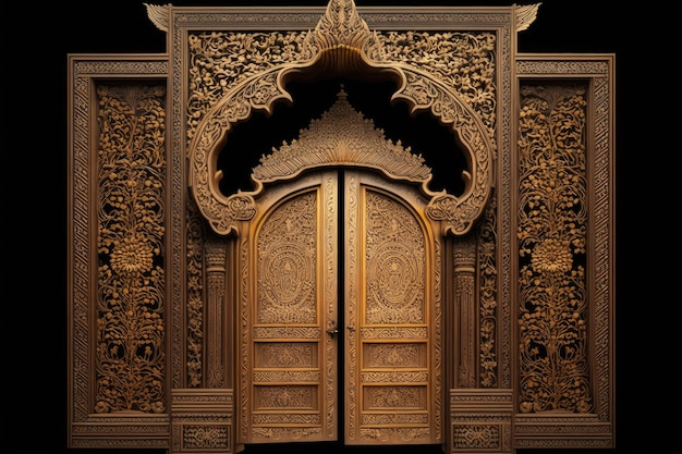 A massive wooden door with intricate carvings and gold inlay that leads to the heavens