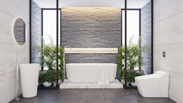 마스터 욕실, 현대적인 욕실 인테리어 디자인, 대리석 타일과 어두운 돌담, 3drender와 흰색 욕조