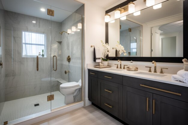 Photo master bathroom with a shower and tub