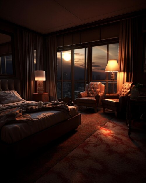 Master bed hotel bedroom in the evening Generative AI