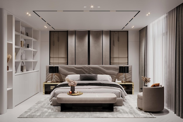 master bedroom interior in luxury apartment features king size bed and well organization
