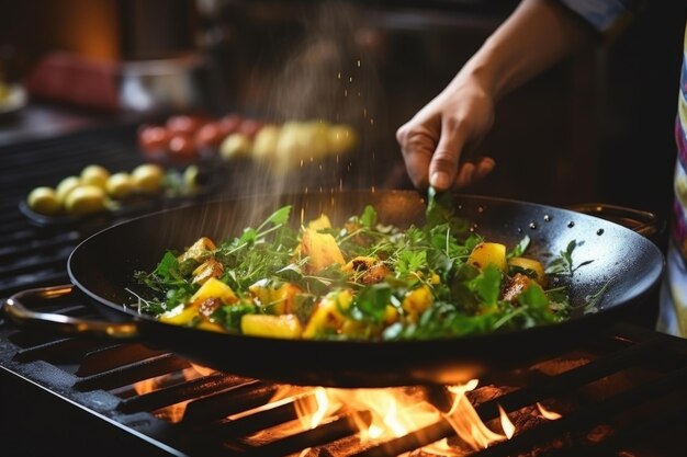 Мастер-шеф-повар готовит руки точно готовя заправку, готовит вкусную свежую вкусную аппетитную еду