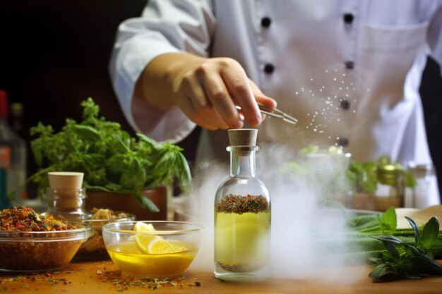 Master chef cook man hands precisely cooking dressing preparing tasty fresh delicious mouthwatering