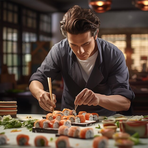 Foto il maestro di cucina sta cucinando il sushi.