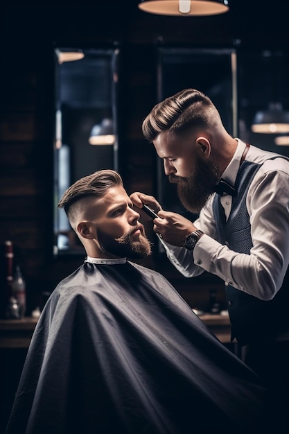 Master cuts hair and beard of men in the barbershop hairdresser makes hairstyle for Generative AI