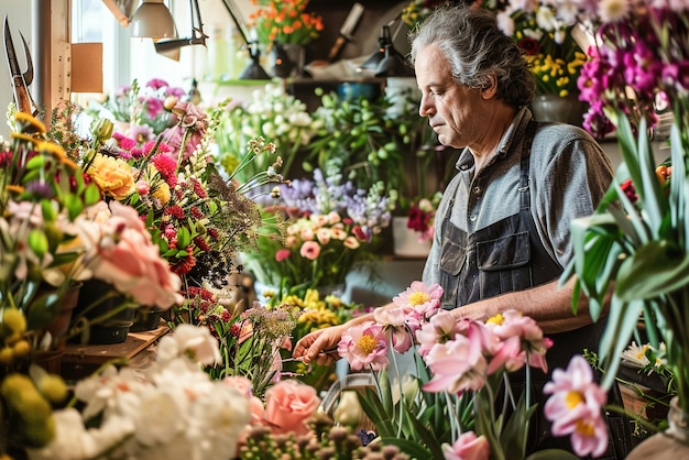 A master florist arranging vibrant blooms into stunning bouquets in a charming flower shop filled wi