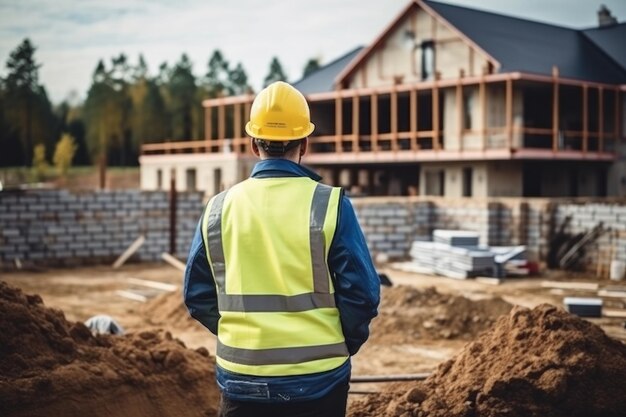 Master foreman in uniform and helmet watches controls the construction of the house Generative AI