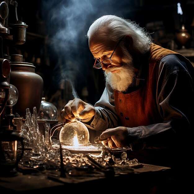 Photo master glassmaker at work with real human fingers