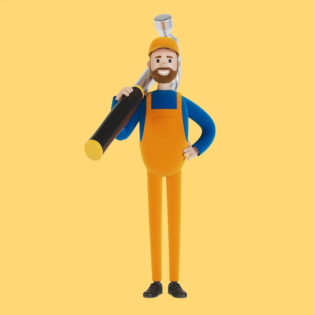 Master for an hour with a hammer. Builder. 3D illustration in cartoon style.