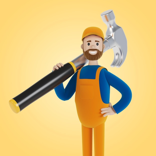 Photo master for an hour with a hammer builder 3d illustration in cartoon style
