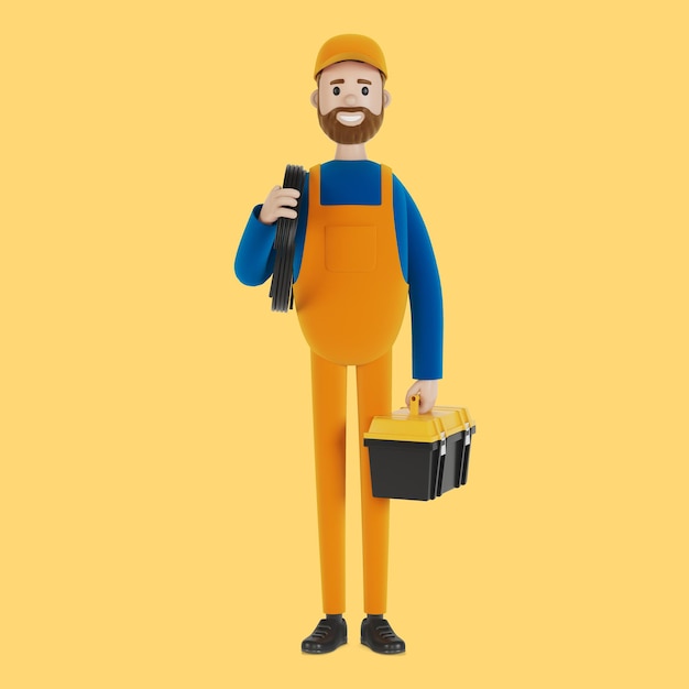 Master for an hour with a toolbox. Builder. 3D illustration in cartoon style.