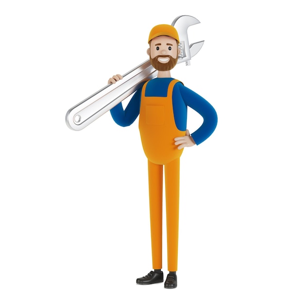 Master for an hour with a wrench. Builder. 3D illustration in cartoon style.