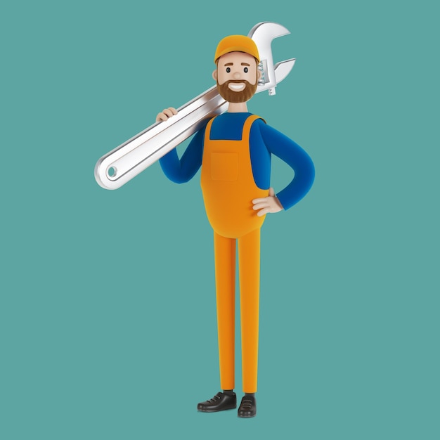 Master for an hour with a wrench. Builder. 3D illustration in cartoon style.