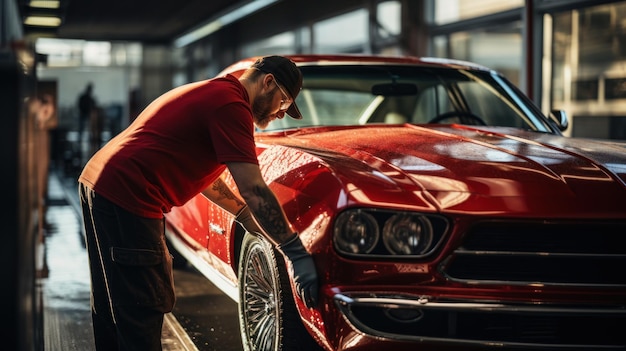 Master mechanic polishes red car with polisher detailing series