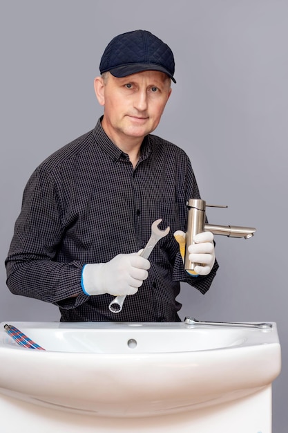 A master plumber with a wrench in his hand screws the faucet to the sink in the bathroom