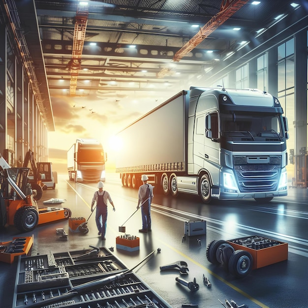 a master repairing trucks against the background of a service station