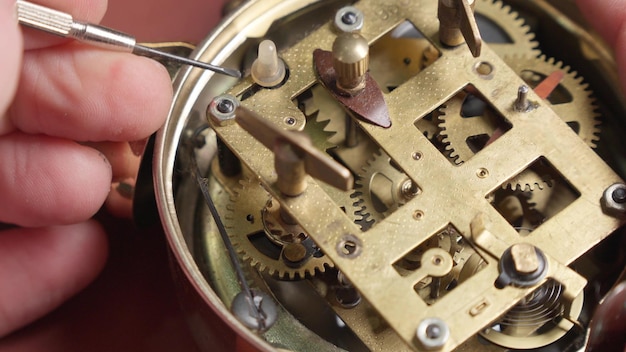 Photo master repairs clock mechanism of antique watch