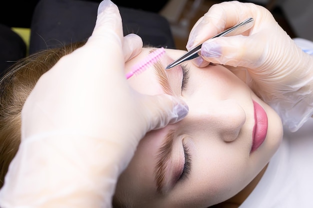 The master's hands in white gloves stretch the eyebrow and pluck out excess eyebrow hairs with tweezers