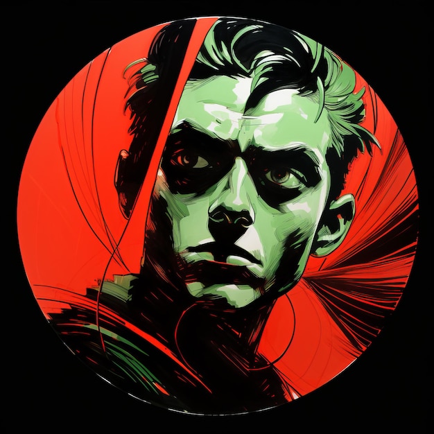 Master Of Shadows Red And Green Sticker Design With Noir Comic Art Style