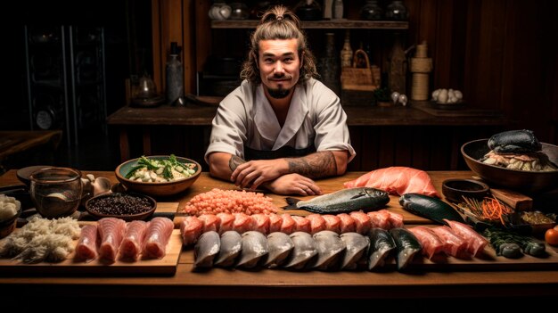 寿司 芸術 の 師 熟練 し た 寿司 の シェフ が 働い て い ます.食卓 に 新鮮 な 魚 が 豊富 に あり ます.