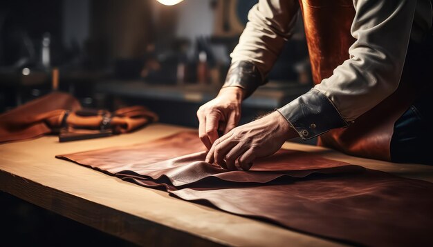 Master tanner sews a product from genuine leather