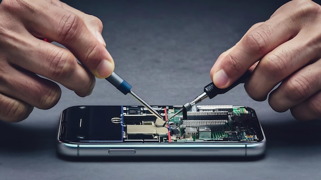 Master uses driver to unscrew screws in smartphone electronic plates to fix it closeup