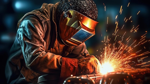 Master welder welding at industry