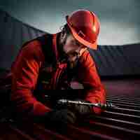 Photo master worker in red overall fixing