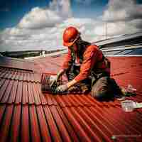 Photo master worker in red overall fixing