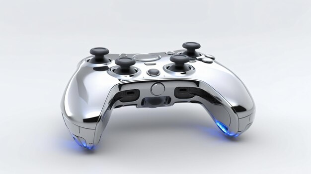 Master Your Gaming Experience with this Sleek Silver Controller Illuminated by Blue Lights Powered by Generative AI