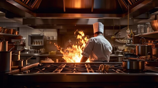 Мастер кулинарного мастерства Шеф-повар в униформе, создающий блюда с огненным поцелуем Генеративный ИИ