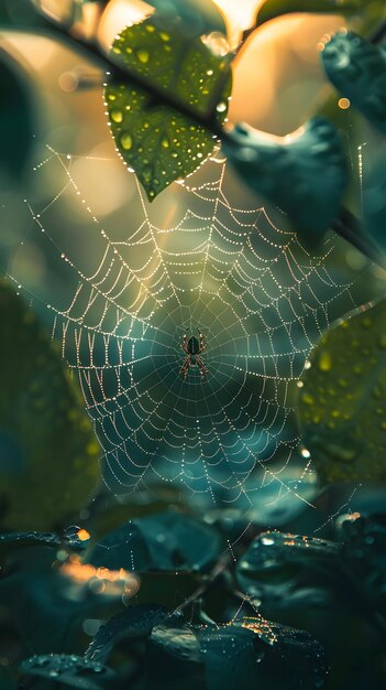 Masterful Spider intricately weaving web in morning dew engineering perfection in tranquil forest