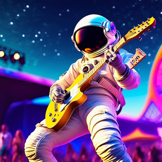 masterpiece best quality an astronaut playing guitar at coachella solo psychedelic background