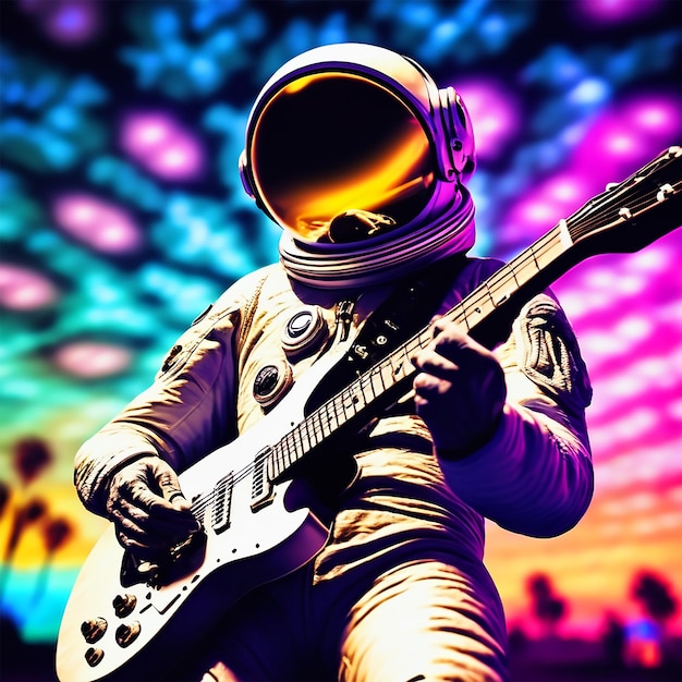 masterpiece best quality an astronaut playing guitar at coachella solo psychedelic background