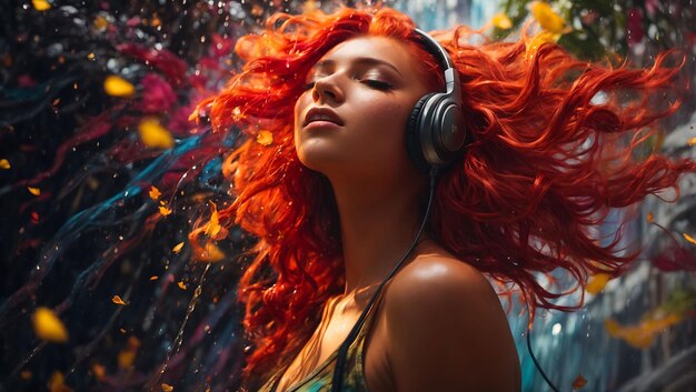 Photo a masterpiece image of splash art music album art cover drawing a asian woman with red hair close