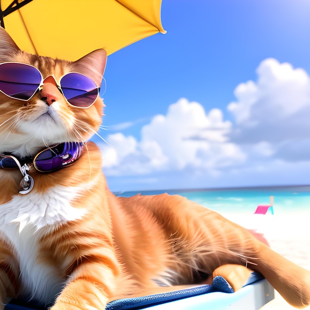 Masterpiece photo of a cute ginger cat wearing sunglasses lying on a lounge chair on the beach