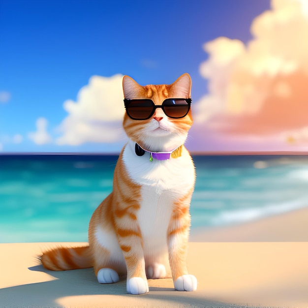 Masterpiece photo of a cute ginger cat wearing sunglasses lying on a lounge chair on the beach