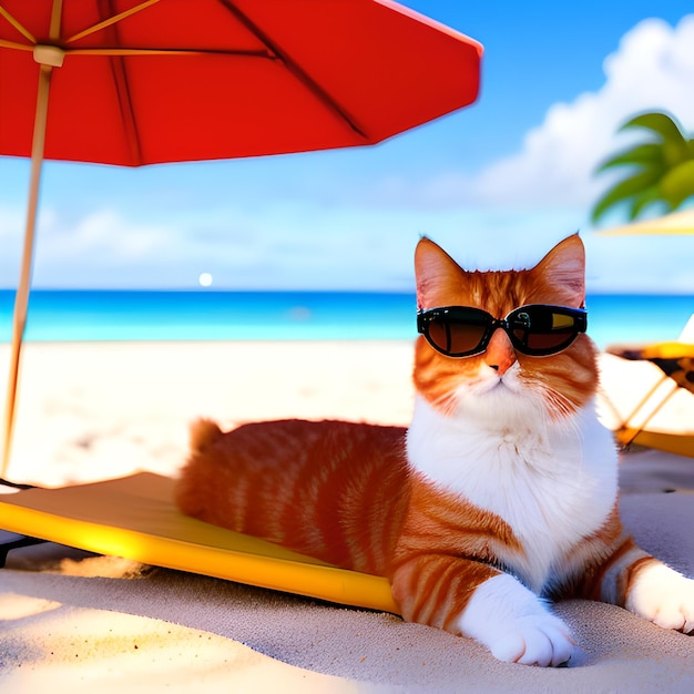 Masterpiece photo of a cute ginger cat wearing sunglasses lying on a lounge chair on the beach