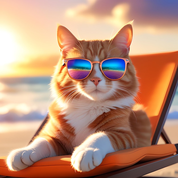 Masterpiece photo of a cute ginger cat wearing sunglasses lying on a lounge chair on the beach